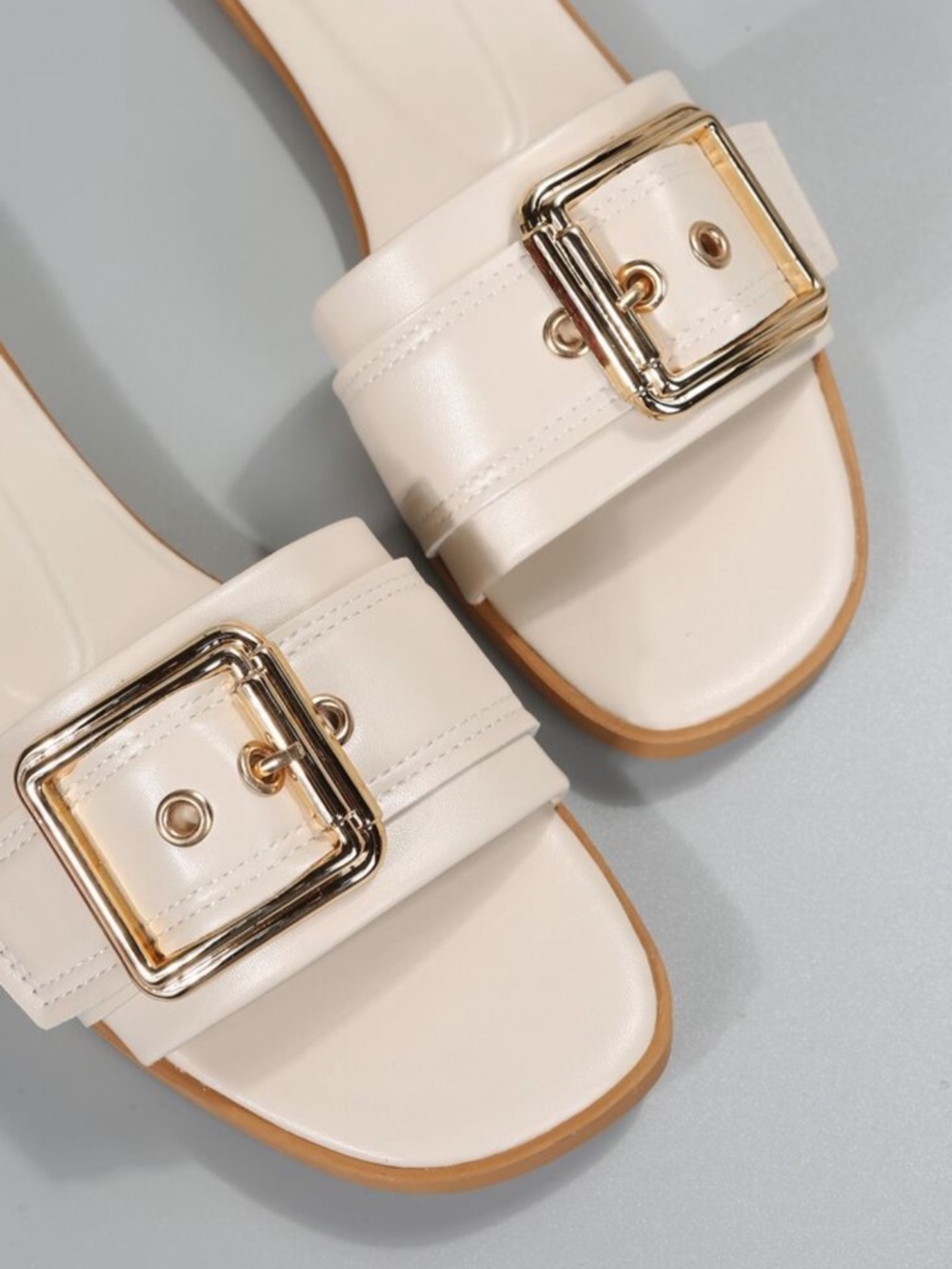 Cream Beige Buckle Slide Sandals Women - Picture 3 of 4